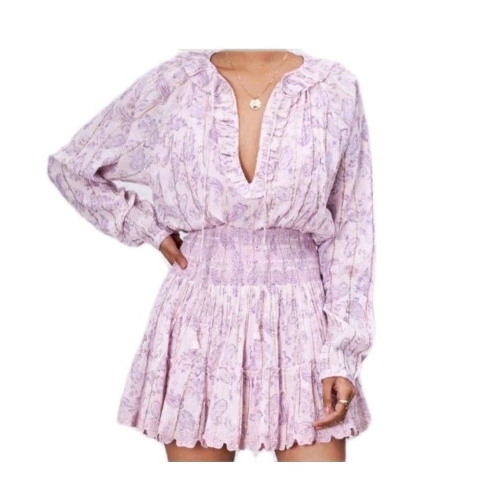 House of Harlow 1960 Paisley Pink Purple Smocked Boho Tiered Short Dress Size S